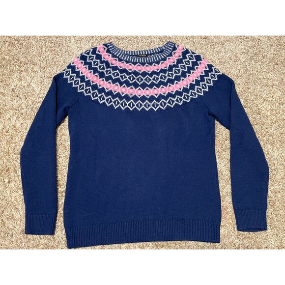 Talbots Women's Lambswool Blend Fair Isle Sweater Navy Blue Pink Gray Size M - Picture 1 of 8